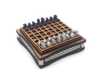 Mini Chess Set: Silver and Purple, Braid Pattern, Laser Cut and Painted MDF, 1/4 inch pieces