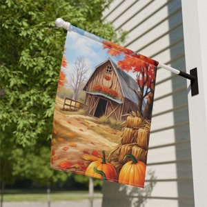 Autumn Flag, Fall decor - Pumpkins and hay bales - Canvas Material - Sleeve at Top - 12x18 or 24.5x32, Perfect flag for garden or house.