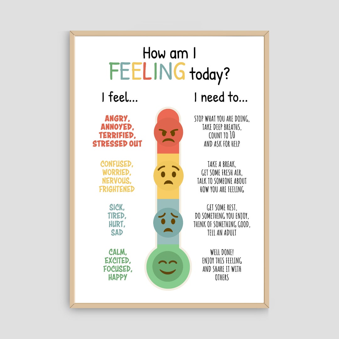 Feelings Thermometer With Coping Advice, Emotions Poster Kids Teens