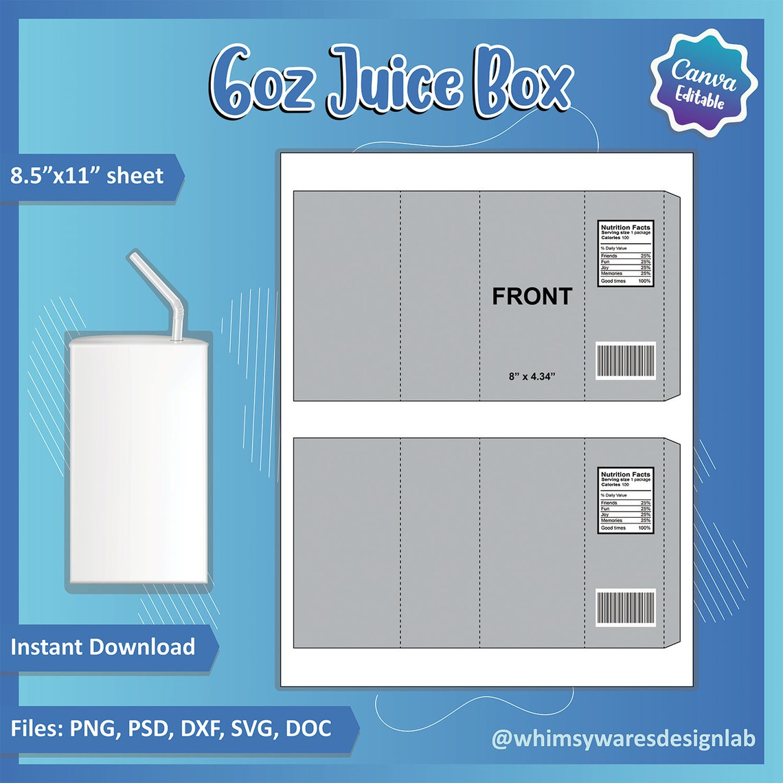 6oz Juice Box Label Template Printable PNG, Canva, Dxf, SVG, Psd