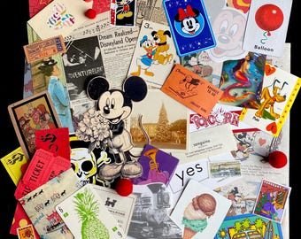 May include: A collage of vintage Disney memorabilia featuring Mickey Mouse, Minnie Mouse, and other characters. The collage includes images of Disneyland, popcorn, and a train. The text "Dream Realized - Disneyland Opens" is visible in the upper right corner.