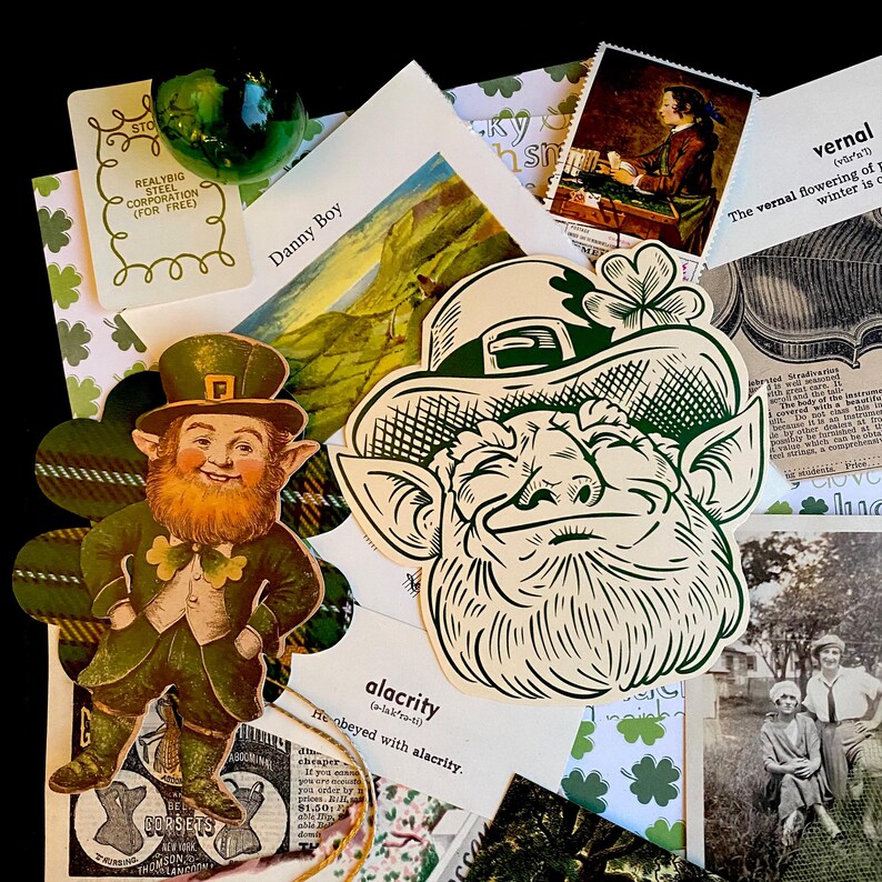 May include: A collage of vintage paper ephemera with a green, white, and black illustration of a leprechaun with a shamrock on his hat. The text "vernal" is visible in the upper right corner of the image.