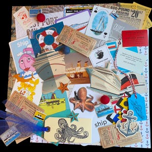 May include: A collage of nautical-themed ephemera, including cruise ship illustrations, playing cards, tickets, and a life preserver. The color palette includes blues, reds, and yellows, with a variety of textures and shapes.