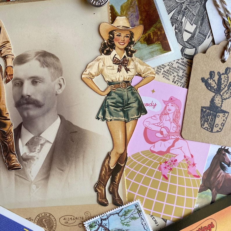 May include: A collage featuring vintage-style images and ephemera. A cutout of a woman in a cowboy hat and boots is prominent. Other elements include a vintage photograph of a man, a pink card with a cowgirl illustration, and a cactus tag.