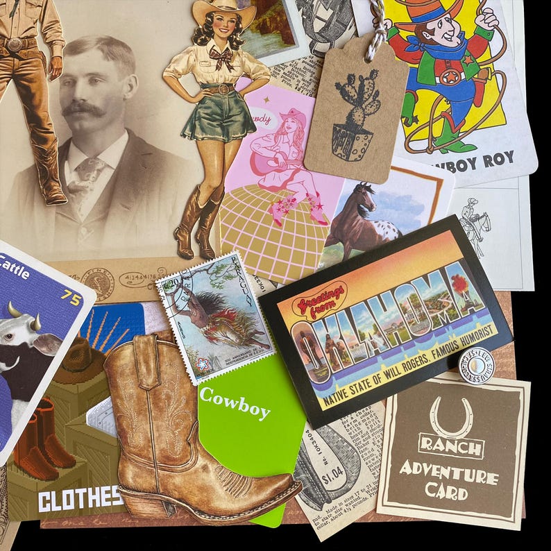 May include: A collage of vintage cowboy-themed ephemera. Includes a postcard from Oklahoma, a brown leather cowboy boot, a green card with the word "Cowboy", and a "Ranch Adventure Card". Also features a vintage photograph and cutouts.