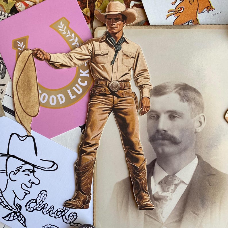 May include: A collage featuring a cutout of a cowboy in tan attire, holding a hat, next to a pink card with a horseshoe and the words "GOOD LUCK". Other elements include a vintage photograph and a cartoon cowboy.