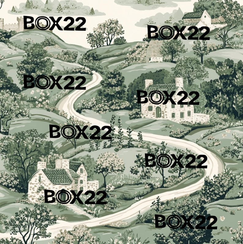 May include: A vintage wallpaper design featuring a winding road through a green countryside landscape with houses and trees. The wallpaper is printed with the text "BOX22" repeated throughout the design.