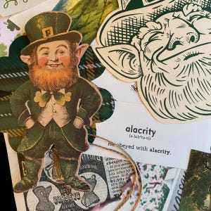 May include: A vintage illustration of a leprechaun wearing a green hat and holding a pot of gold. The image is surrounded by green and white plaid fabric and a piece of paper with the word "alacrity" written on it.