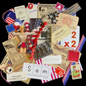 May include: A collage of vintage paper ephemera with a red, white, and blue theme. The collage includes images of flags, stars, and text. The text includes phrases like "God Bless", "Kan-U-Go", "Via Air Mail", "USA 20c", "Congratulations", "Sears Roebuck", "Vehicle Pass", and "Curly Locks".