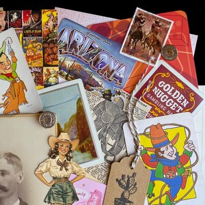 May include: A collage of vintage Western-themed ephemera. Includes postcards with Arizona scenery, a stamp with cowboys, and cards with cowboy illustrations. There are also vintage movie posters and a Golden Nugget gambling hall card.