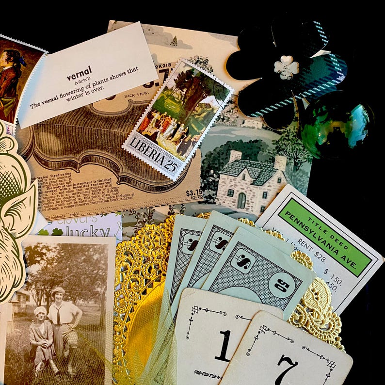 May include: A collage of vintage ephemera including a green clover, a stamp from Liberia, a title deed for Pennsylvania Avenue, and a vintage photograph of a couple. The collage is decorated with gold lace and green paper.