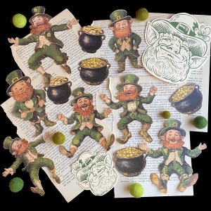 May include: A set of ten vintage paper cutouts of leprechauns, some holding pots of gold, on a background of old book pages. The leprechauns are wearing green hats and suits, and have red beards.