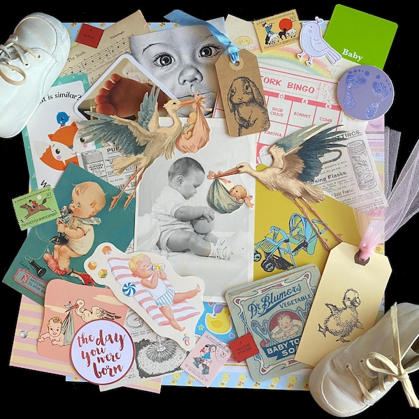 Vintage and Vintage-Inspired Baby Ephemera Paper Pack: Junk Journal, Scrapbook Supplies