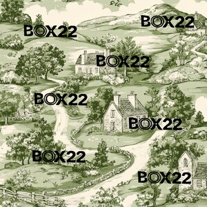 May include: A vintage style green and white wallpaper pattern with a repeating image of a countryside scene with houses, trees, and a winding road. The text "BOX22" appears multiple times throughout the pattern.