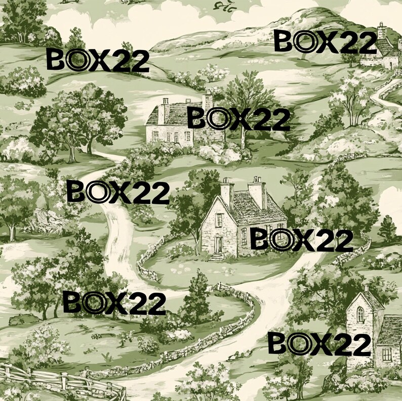 May include: A vintage style green and white wallpaper pattern with a repeating image of a countryside scene with houses, trees, and a winding road. The text "BOX22" appears multiple times throughout the pattern.