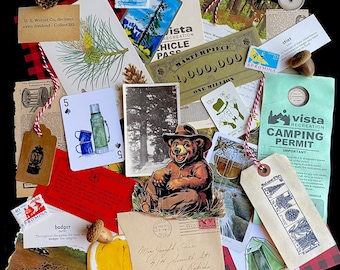 May include: A collection of vintage ephemera, including a camping permit, playing cards, a postcard with a bear, and a stamp with a badger. The items are arranged on a red and black checkered background.