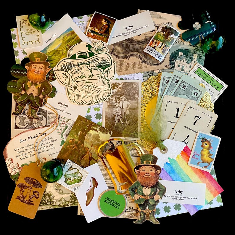 May include: A collection of vintage ephemera with a St. Patrick's Day theme. The ephemera includes images of leprechauns, shamrocks, and other Irish symbols. There are also several pieces of paper with text, including a poem about a March day and a definition of the word "levity".