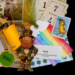 May include: A colorful collage of paper ephemera with a leprechaun, a rainbow, a chick, and a definition of the word "levity".