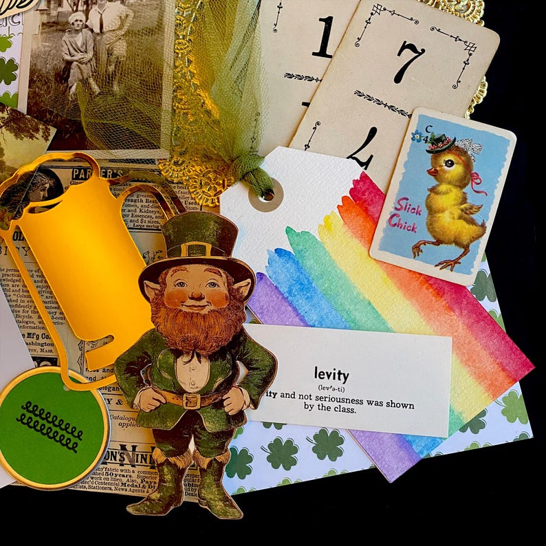 May include: A colorful collage of paper ephemera with a leprechaun, a rainbow, a chick, and a definition of the word "levity".