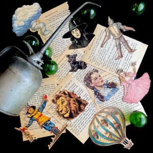 May include: A collection of vintage illustrations and paper cutouts from the classic children's book "The Wizard of Oz". The images include Dorothy, the Wicked Witch of the West, the Tin Man, the Cowardly Lion, and the Yellow Brick Road. The images are arranged on a black background.