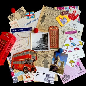 May include: A collage of images featuring a red double-decker bus, a red telephone booth, a London Bridge map, and a variety of other images related to London, England. The collage includes text such as "Mind the Gap", "London Bridge", "Oligarchy", and "Rhetoric".