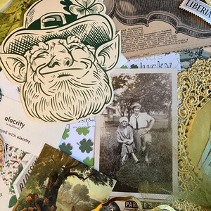 May include: A vintage postcard featuring a black and white photo of two women standing in a grassy field. The women are wearing hats and dresses. The postcard is surrounded by other vintage ephemera, including a green leprechaun illustration, a clover-themed paper, and a gold lace doily.