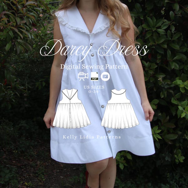 Patron de couture PDF de la robe Darcy / Robe baby doll avec poches / Fichier de projection adapté aux débutants / Haut avec col en dentelle / Taille comprise 0-34