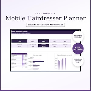 以下が含まれることがあります： Microsoft Excel、Google Sheets、Apple Numbers用のデジタルMobile Hairdresser Plannerスプレッドシートテンプレート。インターフェースには、財務指標、サービスリスト、棒グラフ、パフォーマンスデータが表示されます。9つのリンクされたタブが含まれています。