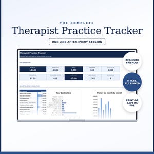 Op de afbeelding: Een digitaal Therapist Practice Tracker spreadsheet-sjabloon weergegeven op een laptopscherm. De interface bevat gegevenstabellen voor inkomsten, uitgaven, winst en sessiestatistieken. Inclusief tekstlabels voor beginnersvriendelijk, 9 gekoppelde tabbladen en opties om af te drukken of op te slaan als PDF.