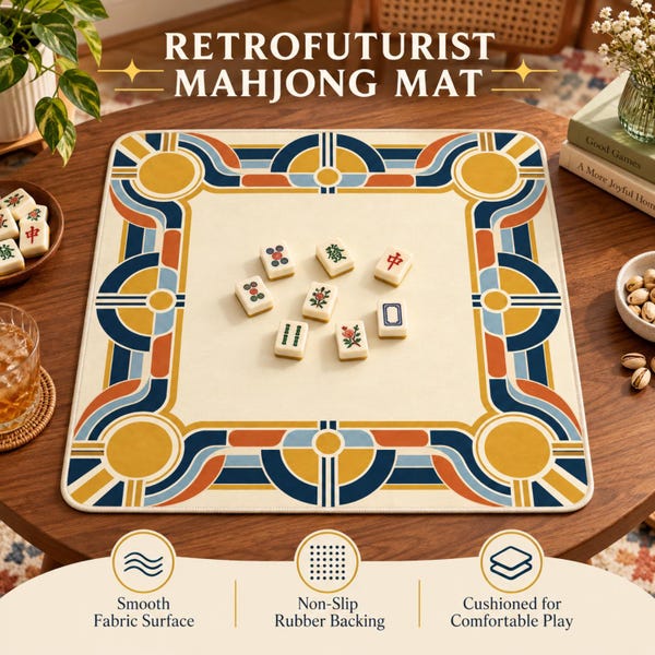 Mustard Art Deco Mahjong Mat, Blue Gold Geometric Game Table Mat, Retro Mah Jongg Tablecloth, 3 Sizes