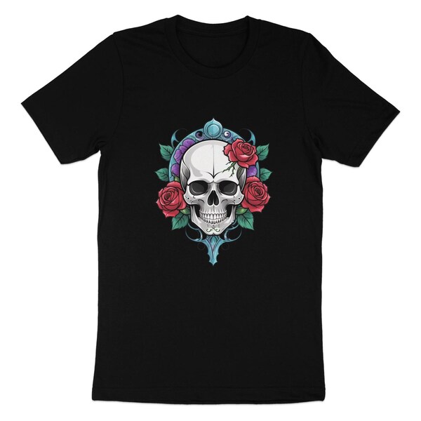 Unisex Skull and Roses Graphic T-Shirt, Boho Gothic Tee, Edgy Festival Fashion, Casual Streetwear