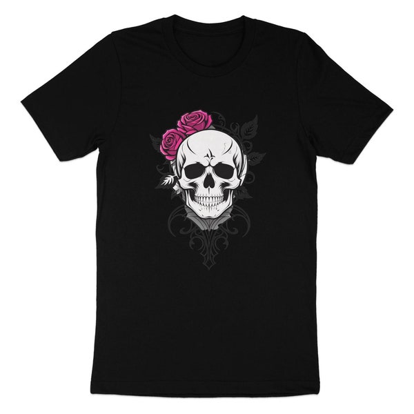 Skull and Roses Graphic T-Shirt, Unisex Gothic Clothing, Edgy Punk Rock Tee, Unique Artistic Design Shirt