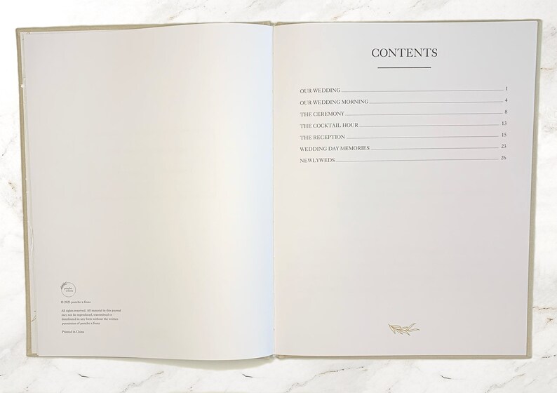 The contents page of the Wedding Day Journal with all seven sections and corresponding pages.