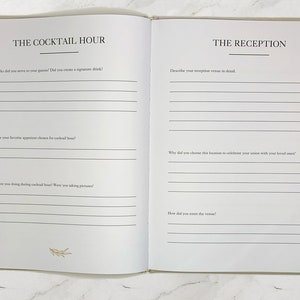 Full view of one of the Wedding Day Journal pages. Questions about the cocktail hour and the reception.