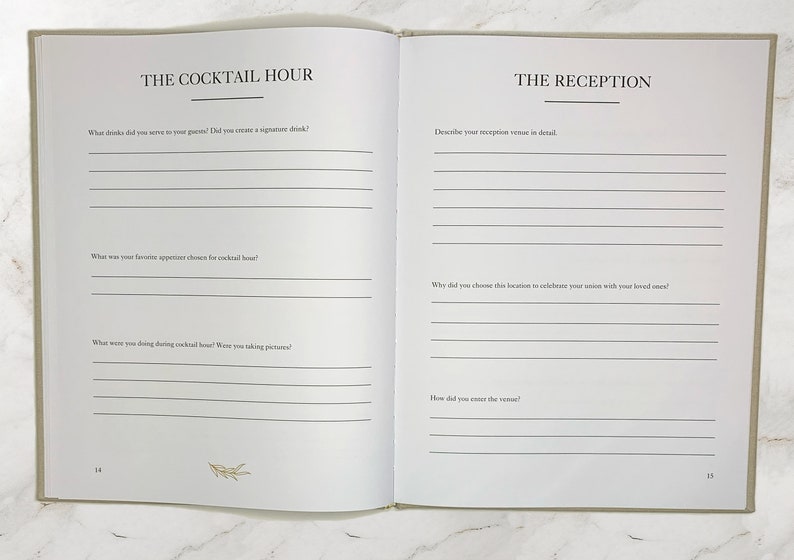 Full view of one of the Wedding Day Journal pages. Questions about the cocktail hour and the reception.