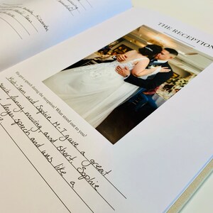 Close up of a Wedding Day Journal page including the picture of a couple dancing on their wedding day with a handwritten answer to one of the journal questions.