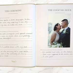 Full view of one of the Wedding Day Journal pages. First page has handwritten answers to three questions. Second page is a close up of a couple on their wedding day with a handwritten answer to one of the journal’s questions.