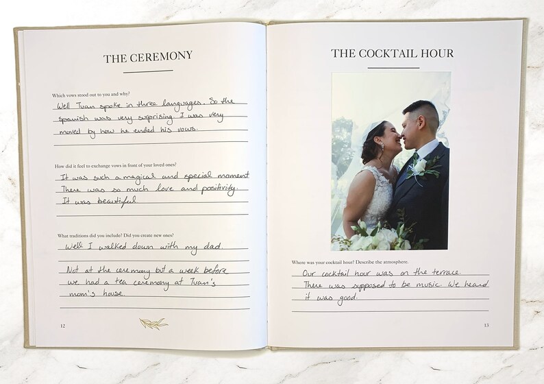 Full view of one of the Wedding Day Journal pages. First page has handwritten answers to three questions. Second page is a close up of a couple on their wedding day with a handwritten answer to one of the journal’s questions.