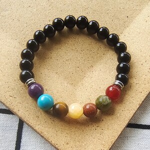 7 Chakras Healing Bracelets,8mm Gemstone Black Obsidian，Tiger Eye，Turquoise，Amethyst Meditation Relax Anxiety Bracelet
