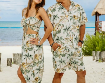 Family matching outfits, Hawaiian 2 piece crop top with dress, Shirts and shorts, Silky soft vacation resort wear . Hand made custom design