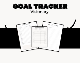 Puede incluir: Páginas de planificación de seguimiento de objetivos imprimibles en blanco y negro con el texto "Goal Tracker Visionary" en la parte superior. Las páginas incluyen secciones para la planificación de horarios, el progreso y la gratitud.