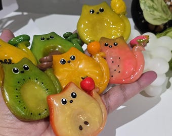 Handmade Fruit Cat Clay Charm: Kiwi, Avocado, Pineapple Desk Companion
