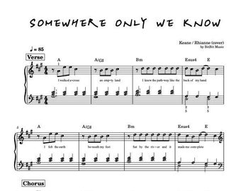 Partitura para piano de "Somewhere Only We Know" / Keane (PDF, fácil a avanzado) (5 en 1)