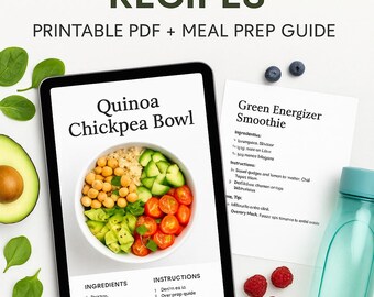60 zdrowych przepisów na lunch, przekąski i napoje Przewodnik po przygotowywaniu posiłków | Planer posiłków na dzień roboczy | Wydrukuj PDF