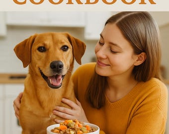 Może przedstawiać: Okładka książki kucharskiej z tytułem "The Ultimate Fresh Dog Food Cookbook". Obraz przedstawia złotego retrievera, kobietę i miskę z jedzeniem dla psów. Okładka zawiera również tekst "40 niedrogich przepisów + Przewodnik żywieniowy dla szczęśliwych, zdrowych psów".