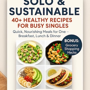 Puede incluir: Libro de recetas digital "SOLO & SUSTAINABLE" con más de 40 recetas saludables para solteros ocupados. Incluye comidas rápidas para desayuno, almuerzo y cena, además de trucos para la compra. Imágenes de comidas saludables.