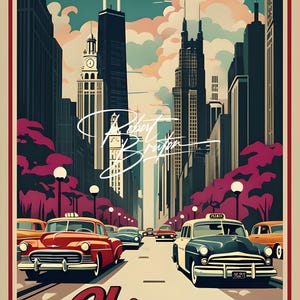 Vintage Chicago Street Scene Wall Art | Retro City Poster with Classic Cars | Printable Chicago Cityscape | Mid-Century Modern Home Decor