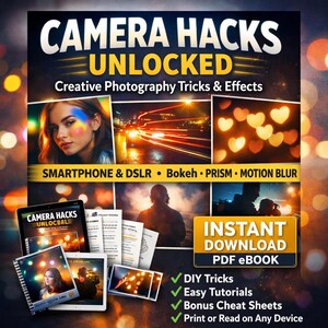 Może przedstawiać: Obraz promocyjny dla "Camera Hacks Unlocked", poradnika fotograficznego. Projekt zawiera tytuł, przykładowe zdjęcia oraz słowa "Smartphone & DSLR", "Bokeh", "Prism" i "Motion Blur". Zawiera również tekst "Natychmiastowe pobieranie PDF eBook".