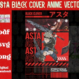 Puede incluir: Asta, un personaje del anime Black Clover, se representa en un diseño gráfico rojo y negro. El diseño presenta el texto "Asta" repetido cuatro veces en una fuente en negrita y estilizada. El texto "Black Clover" también se incluye en el diseño. El diseño se coloca sobre un fondo rojo con acentos negros.