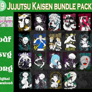 Puede incluir: Un paquete de descarga digital con 19 diseños de personajes de Jujutsu Kaisen. Los diseños están en formatos .pdf, .svg y .png. La imagen incluye varias ilustraciones de personajes en una variedad de poses y estilos, con el texto "19 Jujutsu Kaisen Bundle Pack".